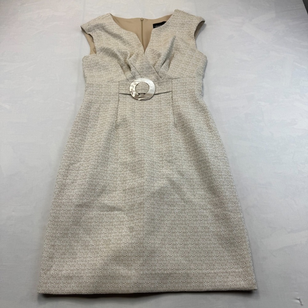 Connected Apparel Tweed Sheath Dress Womens 6 Beige Lined V-Neck Buckle Belted